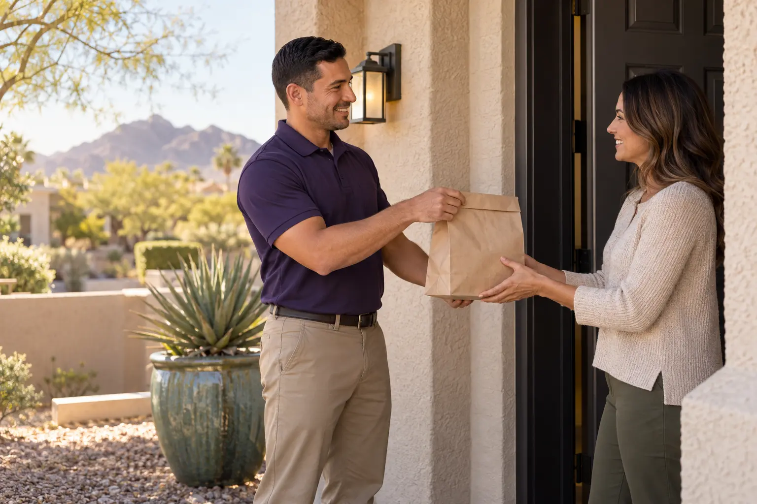 A pharmacy delivery being handed to a customer at home